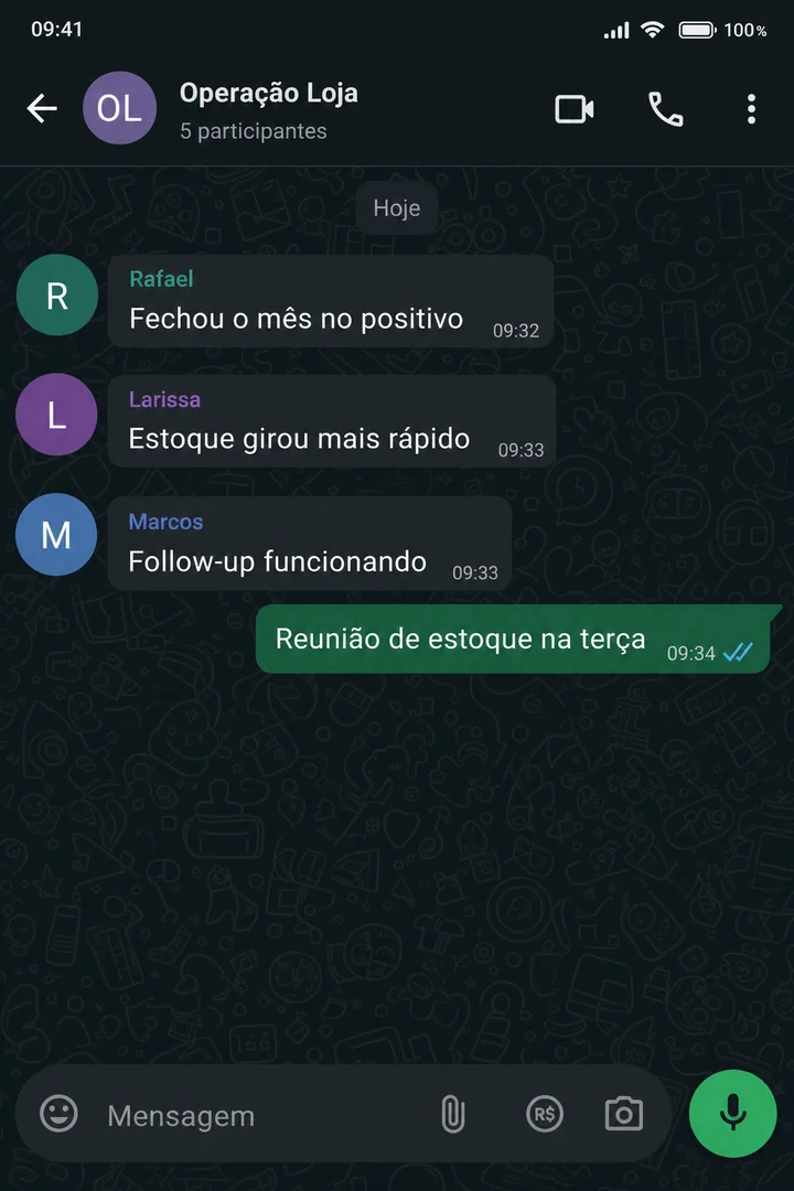 Grupo da operação relatando fechamento do mês no positivo